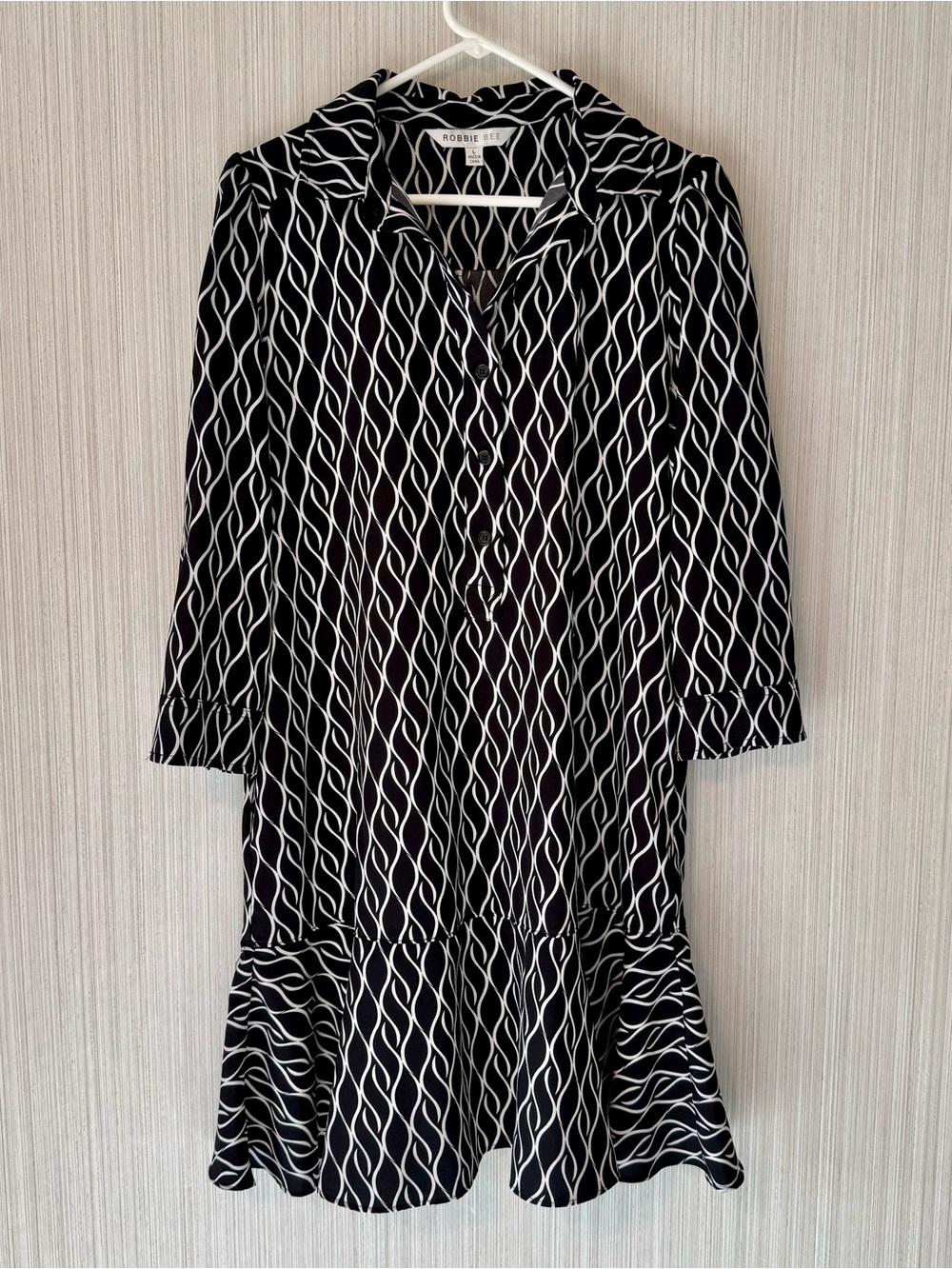 Robbie Bee Drop Waist Flare Ruffle Black & White Geometric Print Dress Large